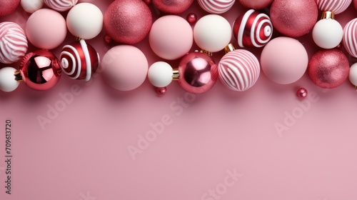  a pink and white christmas ornament with red and white baubles on a pink and pink background.