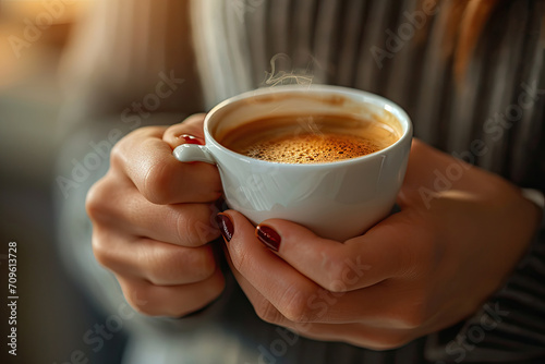 Woman holding cup of coffee in cafe. Close up of female hands with hot drink