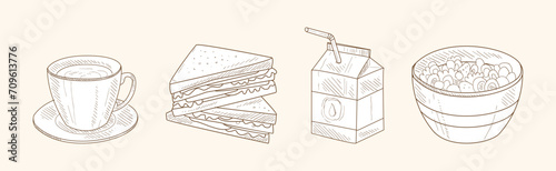 Hand Drawn Coffee Cup, Sandwich, Milk Carton and Porridge Bowl Vector Set