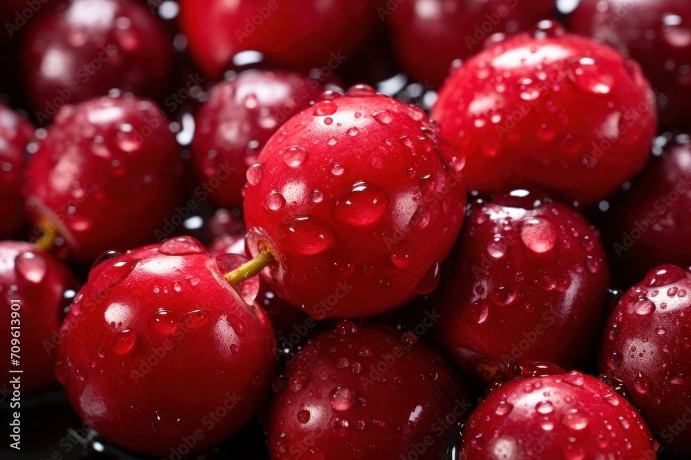 a close up of cherries with water droplets on the top and bottom of the cherries on the bottom and bottom of the cherries on the bottom of the cherries. a close up of cherries with water droplets on the top and bottom of the cherries on the bottom and bottom of the cherries on the bottom of the cherries.