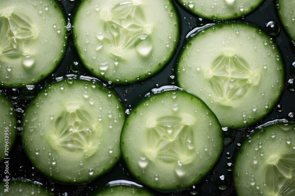 cucumbers with drops of water on them are arranged in the shape of a face on a black surface. cucumbers with drops of water on them are arranged in the shape of a face on a black surface.