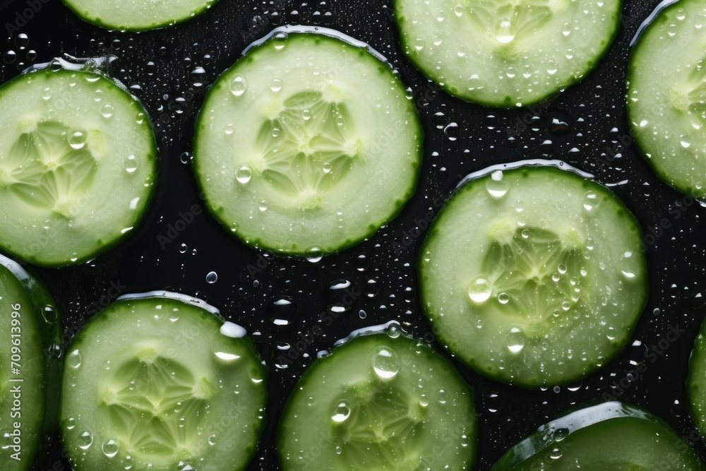 cucumbers with drops of water on them are arranged in a pattern on a black surface with drops of water on the top of the cucumbers. cucumbers with drops of water on them are arranged in a pattern on a black surface with drops of water on the top of the cucumbers.
