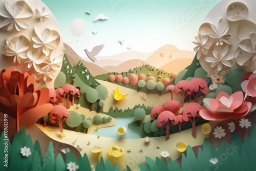 paper landscape. paper cut-out landscape background. eco concept. paper craft for children's room, photo