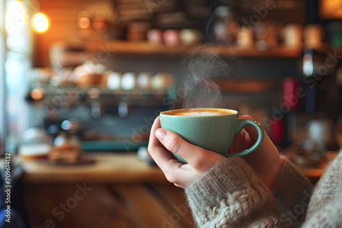 Woman holding cup of coffee in cafe. Close up of female hands with hot drink