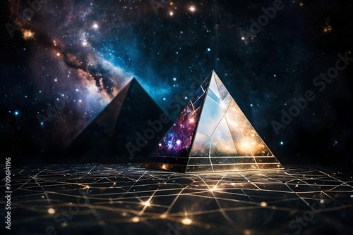 surreal glowing spatial pyramid , outerspace pyramid portal, nebulas and stary sky
