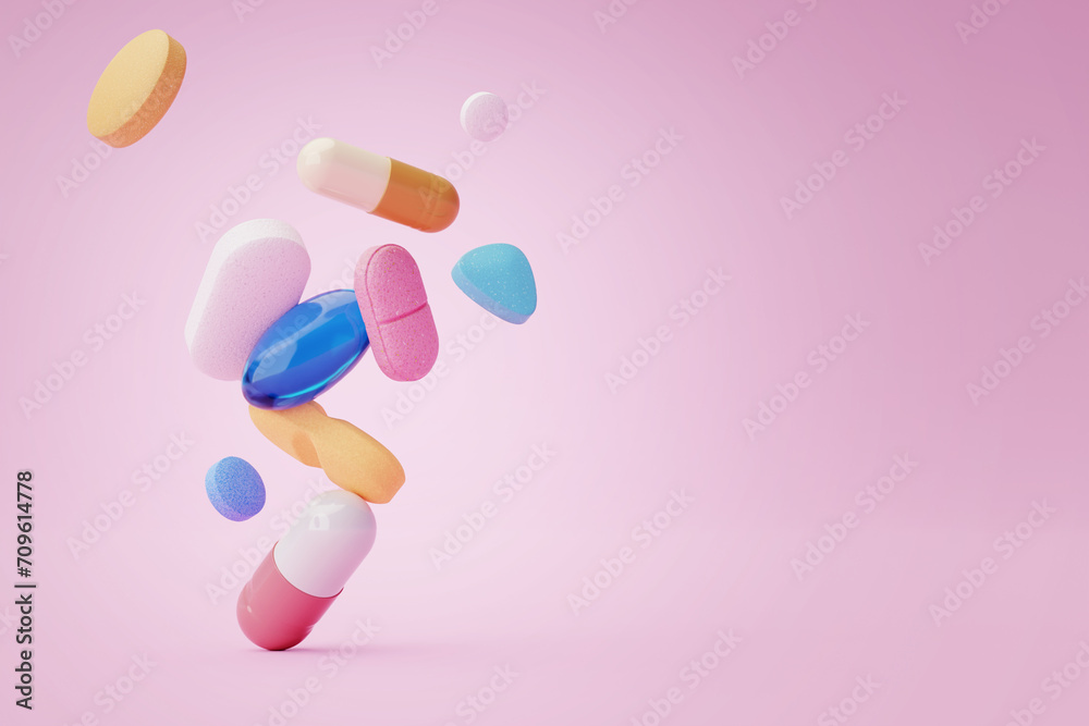 Pile of different and colorful medications falling on pink background with space for text. Disease cure and prevention. Pile of different and colorful medications falling on pink background with space for text. Disease cure and prevention.