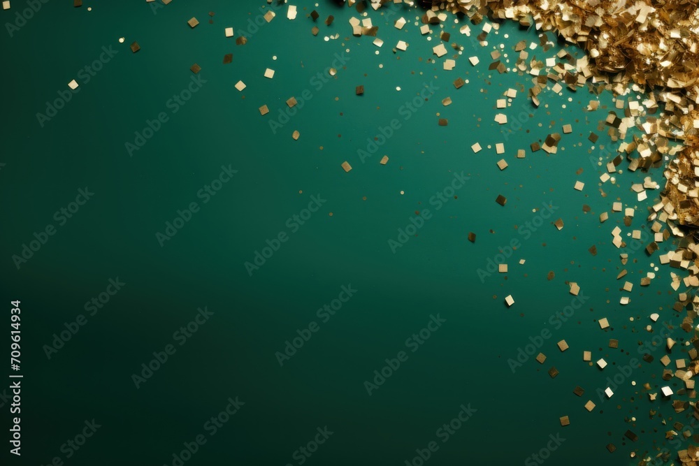  a green and gold background with lots of gold confetti on the bottom of the image and a green background with lots of gold confetti on the bottom of the image.