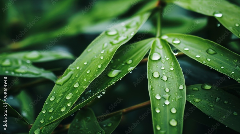 a close up of a green leaf with drops of water on it and a blurry background of leaves with drops of water on them. a close up of a green leaf with drops of water on it and a blurry background of leaves with drops of water on them.
