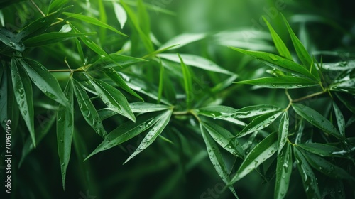  a close up of a green leafy plant with water droplets on it's leaves and a blurry background.