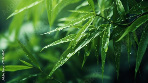  a close up of a green leafy plant with water droplets on it's leaves and a blurry background.