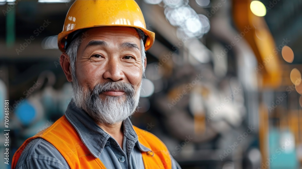 Asian factory worker with gray beard in safety helmets, Asian factory worker with gray beard in safety helmets,