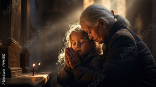 An elderly woman and a young child share a tender moment of prayer together  illuminated by candlelight in a serene setting.