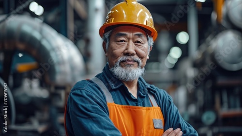 Asian factory worker with gray beard in safety helmets, © hakule