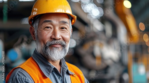 Asian factory worker with gray beard in safety helmets, © hakule