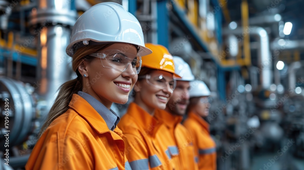 beauty happy smiling professional engineer with helmet in the factory