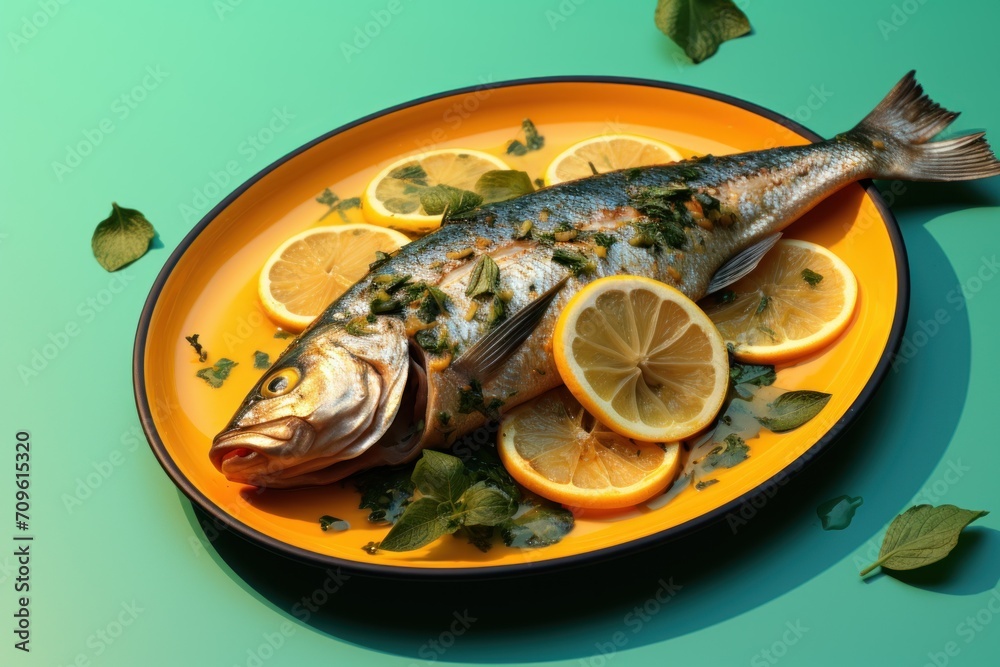  a fish on a plate with lemons and mints on a blue and green background with leaves around it.