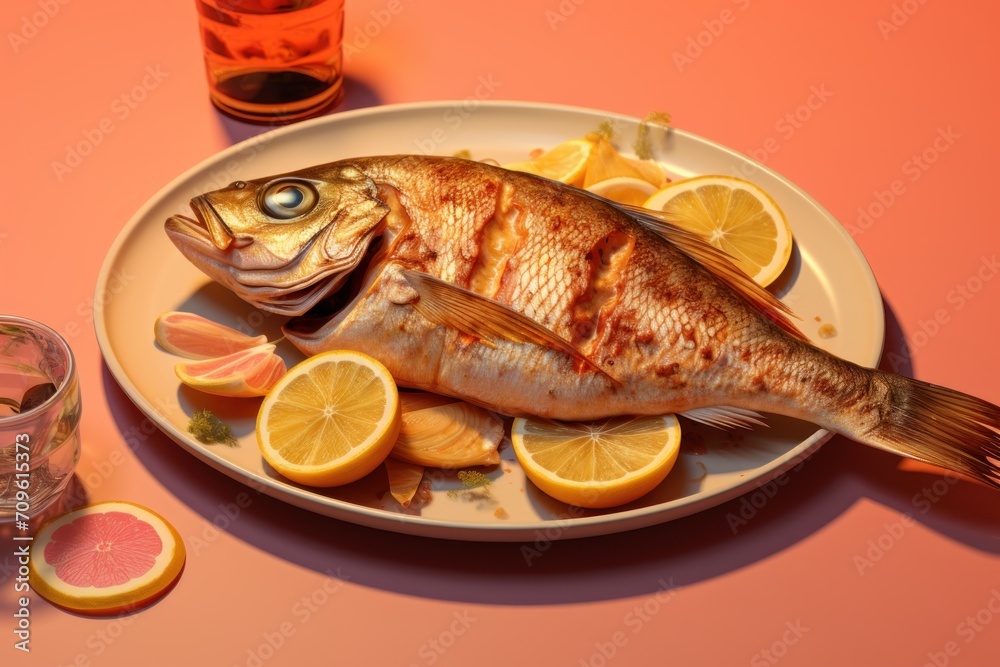  a fish sitting on top of a white plate next to slices of lemons and a glass of orange juice.