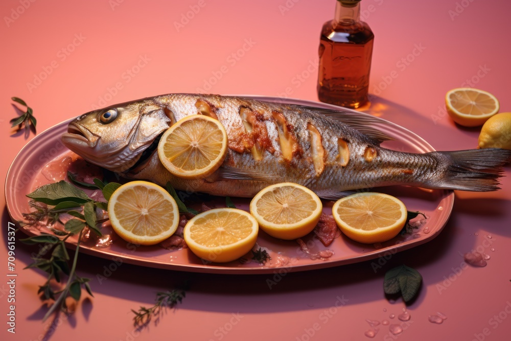  a fish sitting on top of a pink plate next to lemons and a bottle of beer on a pink table.