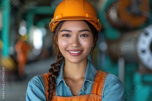 beauty happy smiling professional engineer with helmet in the factory © hakule