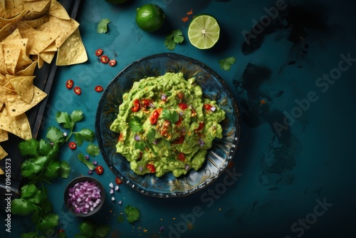  a plate of guacamole with tortilla chips and garnishes on a blue surface.