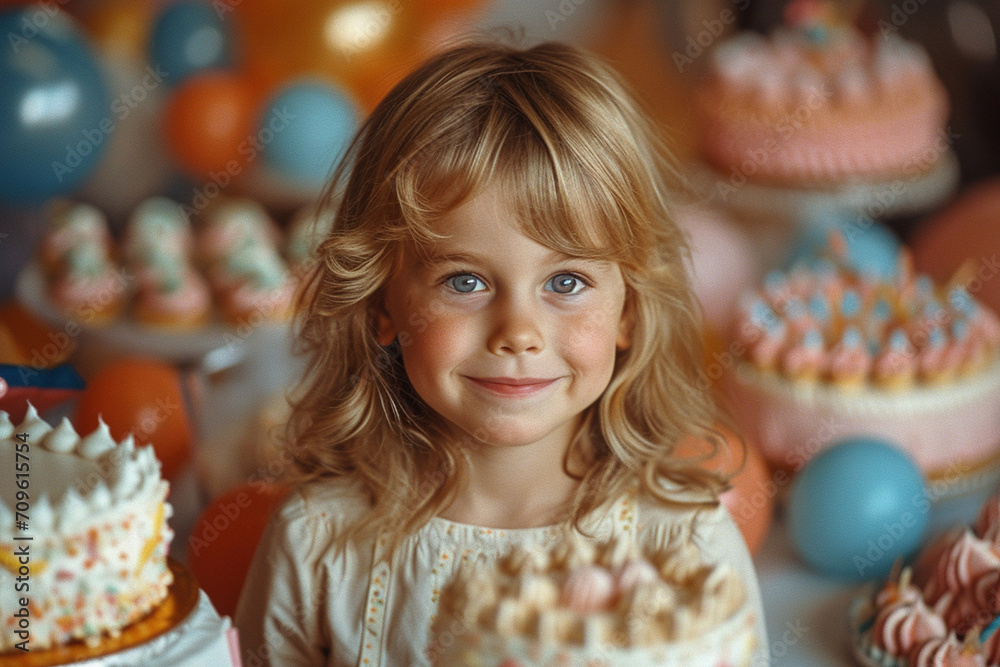 Cute little girl in festive hat on birthday holiday Cute little girl in festive hat on birthday holiday