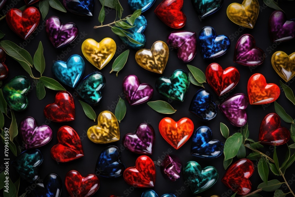 a group of heart shaped candies sitting on top of a table next to leaves and a twig of a plant.