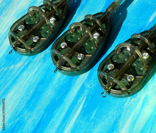 FLAT feeders for fishing, accessories for fishing, top view.