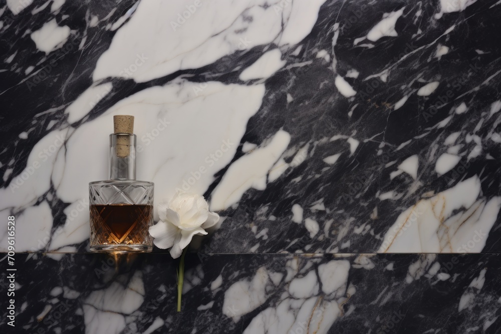  a bottle of whiskey sitting on top of a marble counter top next to a flower and a bottle of liquor.