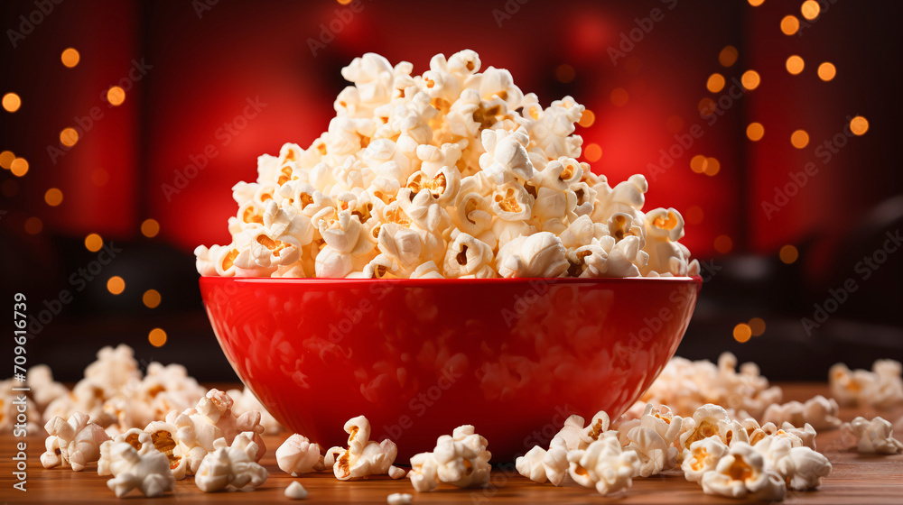Heaping bowl of popcorn on bokeh light red background, great for cozy movie time ambiance. AI Generative Heaping bowl of popcorn on bokeh light red background, great for cozy movie time ambiance. AI Generative