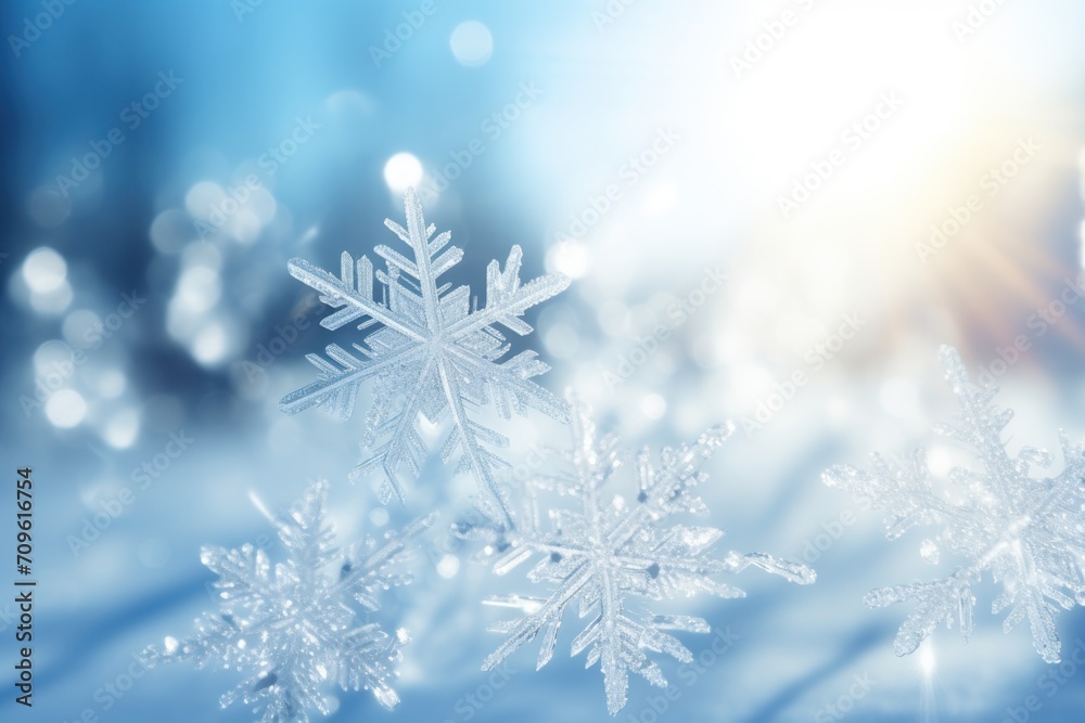 a group of snowflakes sitting on top of a snow covered ground with a blue sky in the background. a group of snowflakes sitting on top of a snow covered ground with a blue sky in the background.