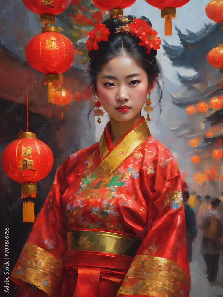 Oil Painting Chinese Young Woman Celebrating New Year. Generative AI