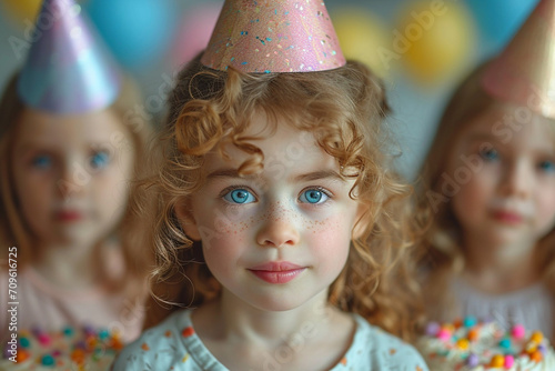 Cute little girl in festive hat on birthday holiday