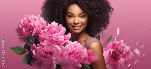 happy African American young woman with bunch of peony flowers #709617130