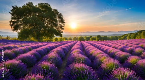 Blooming field with lavender on a background of blue sky and sun
