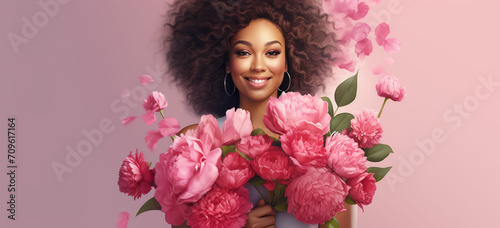 Fototapeta Naklejka Na Ścianę i Meble -  happy African American young woman with bunch of peony flowers