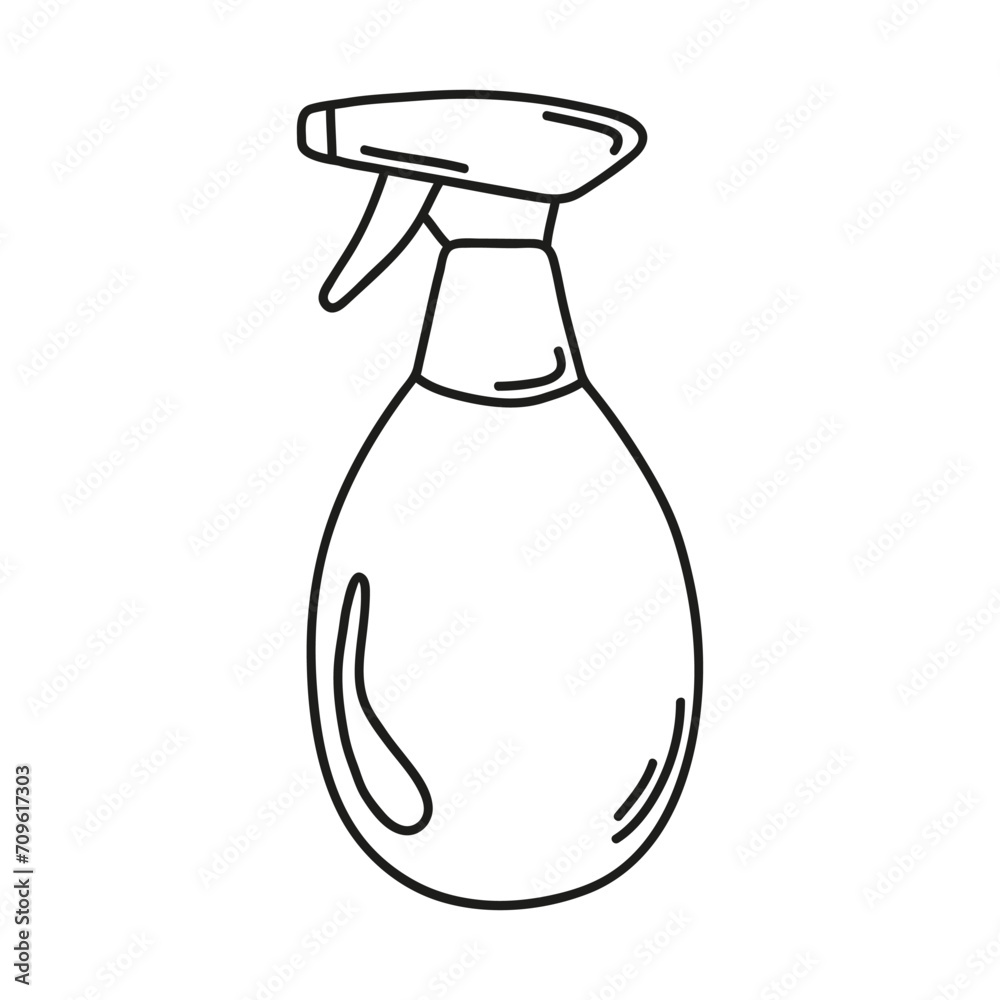 Hand drawn detergent bottle spray on a white isolated background. Cleaning equipment and supplies, home keeping. Doodle, simple outline illustration.