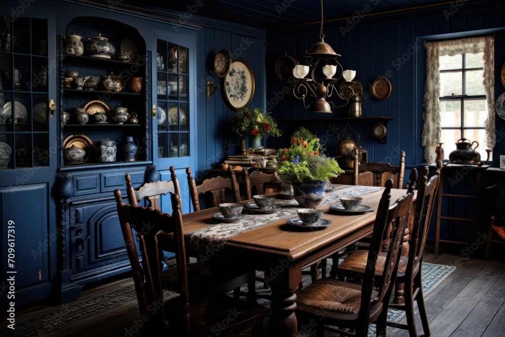  a dining room with blue walls and a wooden table surrounded by chairs and a vase with flowers on top of it.