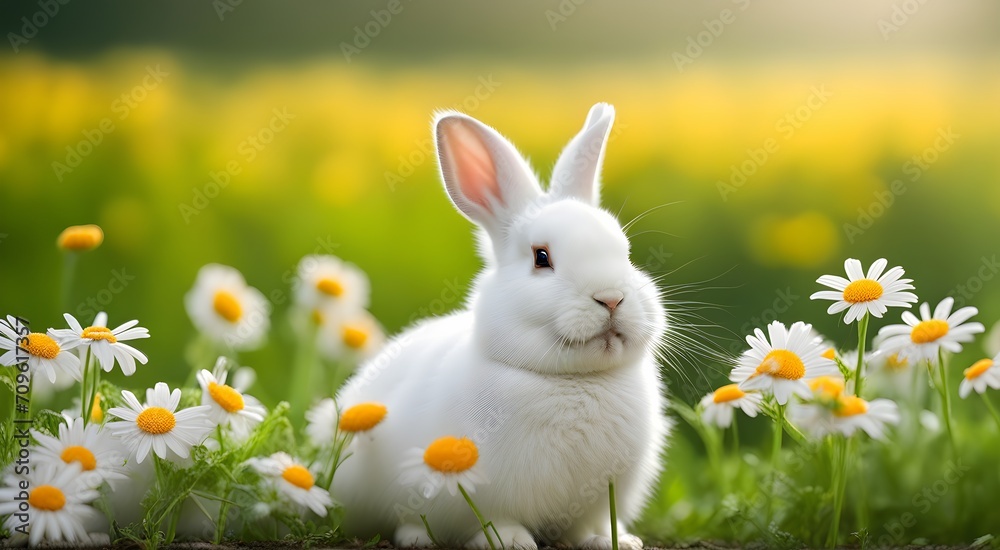Cute fluffy rabbit on grass with yellow flowers Cute fluffy rabbit on grass with yellow flowers