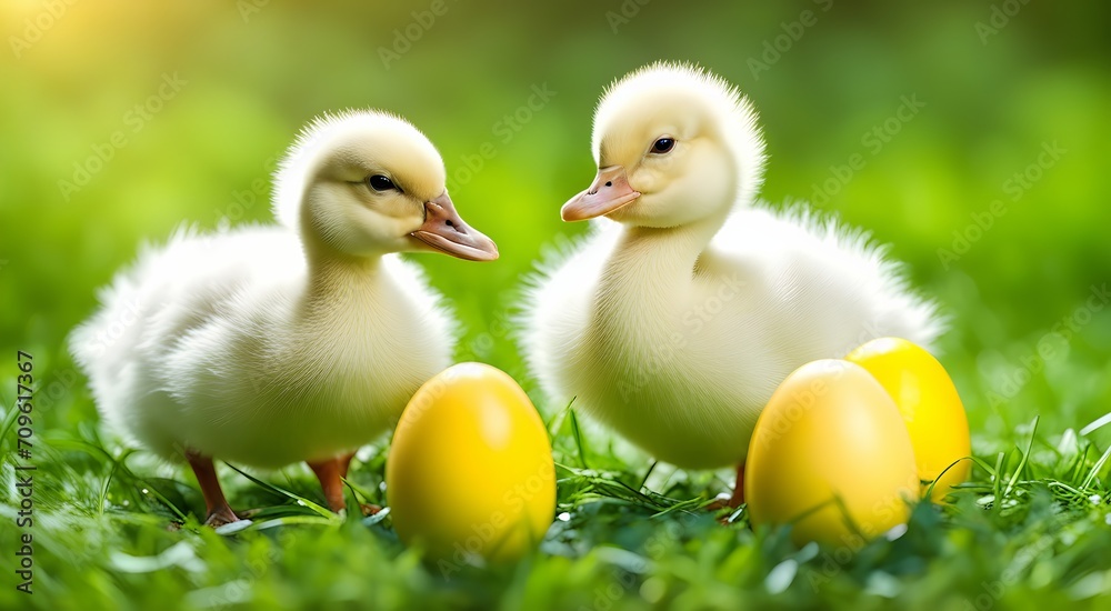 Cute fluffy ducks with Easter eggs