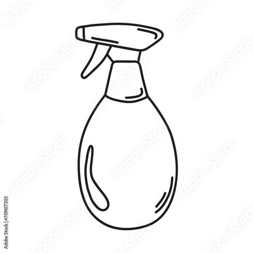 Hand drawn detergent bottle spray on a white isolated background. Cleaning equipment and supplies, home keeping. Doodle, simple outline illustration.