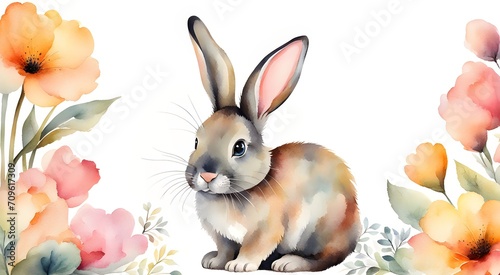 Cute painted rabbit with flowers and leaves watercolor