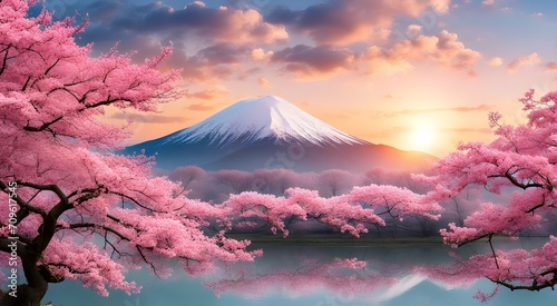 Blooming Japanese sakura on the background of Mount Fuji photo