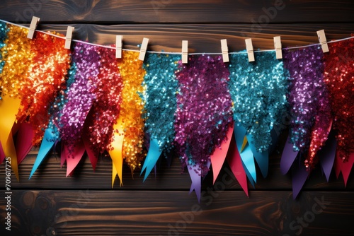  colorful streamers of sequins hanging on a clothes line on a wooden background with clothes pins and clothes pins. photo
