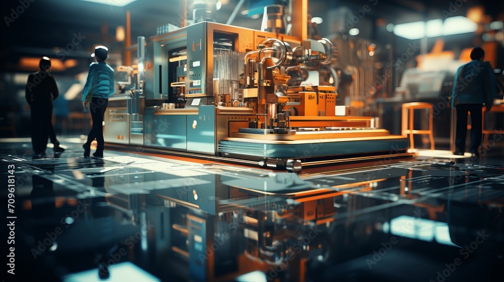 Fototapeta premium Highly skilled workers operating heavy machinery in a dynamic factory floor environment