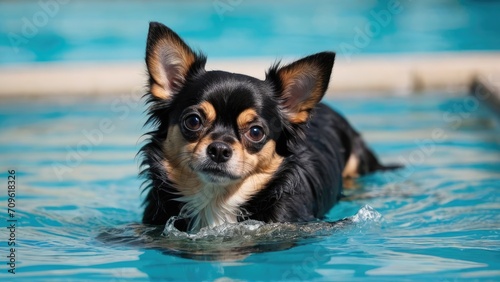 Black and tan long coat chihuahua dog in the swimming pool