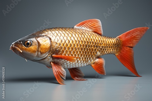 a close up of a goldfish on a gray background with a reflection of it's head in the water.