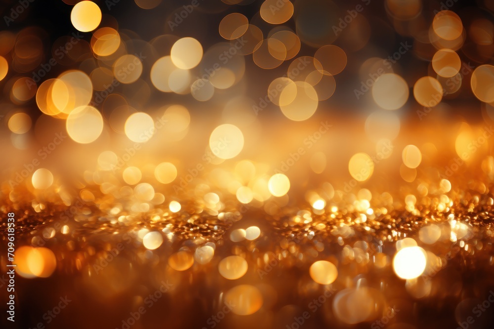  a blurry image of gold glitter on a black and white background with a blurry image of lights in the background.