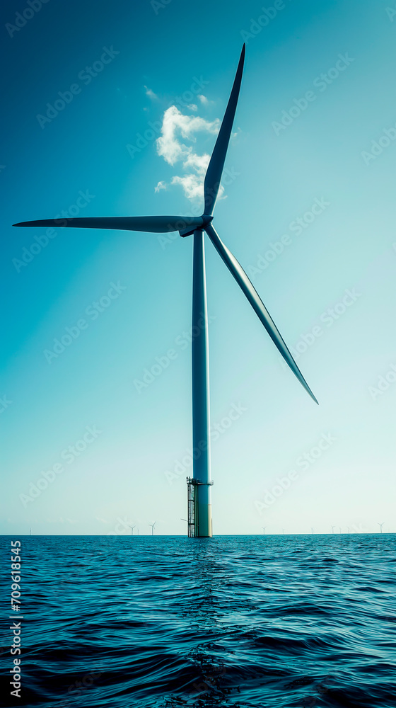 Offshore wind turbine in serene sea, renewable energy and sustainable development.	