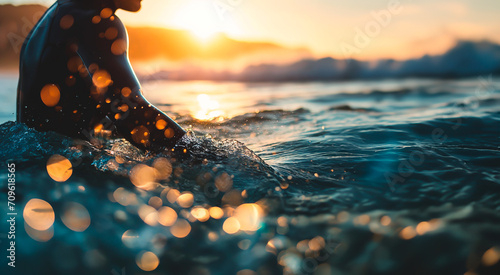Surfer watching sunset, embracing the freedom of ocean waves. Shallow field of view with copy space and bokeh. © henjon