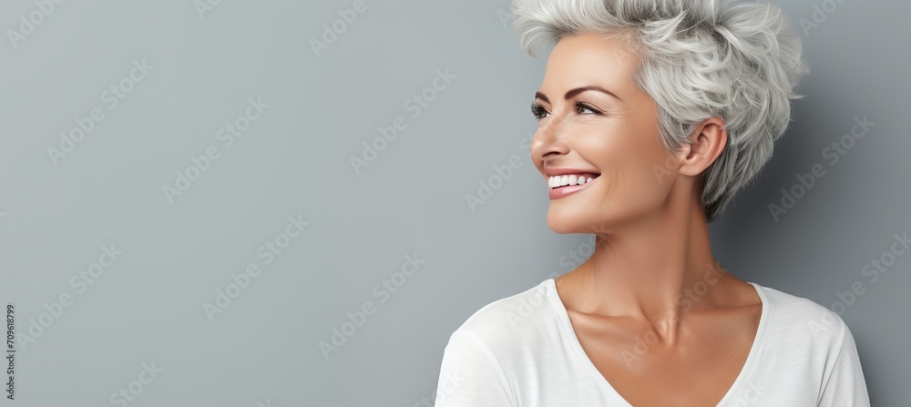 Radiant senior woman with gray hair, close up portrait in studio on gray wall with copy space